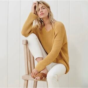 Jenni Kayne Organic Cotton Cabin V-Neck Relaxed Sweater Mustard REPAIRED - XL